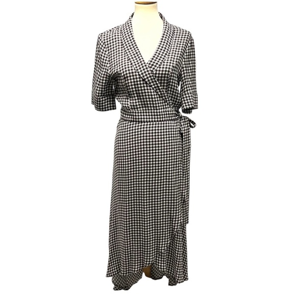 GANNI Gingham Crepe De Chin Black White Check True Wrap Dress Women’s Large - Picture 5 of 15